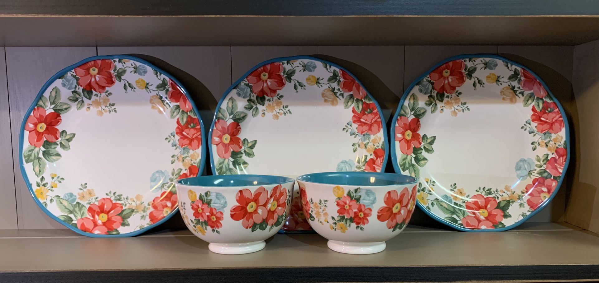 3 Pioneer Woman Dinner Plate 10.25"D Vintage Floral Teal Scalloped Edge With 2 Bowls