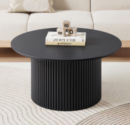 Coffee Table, Modern Fluted Accent Center Table with Metal Frame, Wooden Circle Coffee Tables for Living Room Small Space or Office Black