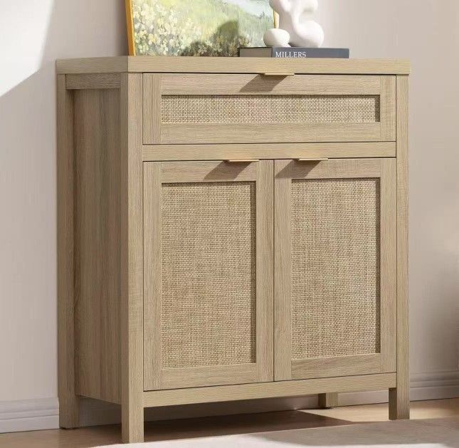 SC004A1XLTY1408 Sideboard Buffet Storage Cabinet, Rattan Accent Cabinet with Doors and Drawer, Boho Credenzas Buffet Table Console Coffee Bar Cabinets