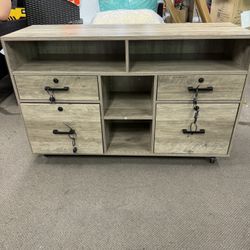 Wide 4 Drawer File Cabinet with Lock, Rustic Grey Rolling File Cabinet with Open Shelves, Lockable Printer