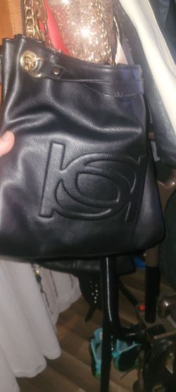 Bebe Black Leather Bucket Bag with Gold Chain Strap