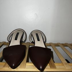 Brown leather pointed toe kitty heels 