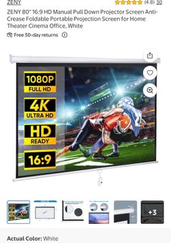 ZENY 80'' 16:9 HD Manual Pull Down Projector Screen Anti-Crease Foldable Portable Projection Screen for Home Theater Cinema Office, White