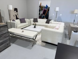 Modern White Tufted Sofa Set – 4 Matching Sofas w/ Chrome Accents