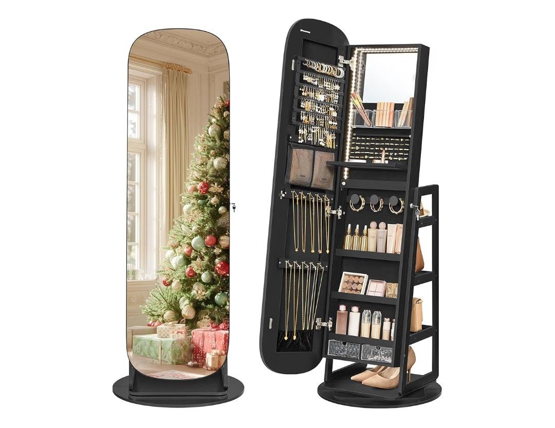 SONGMICS LED Jewelry Cabinet, Lockable 360° Swivel Jewelry Mirror Organizer,