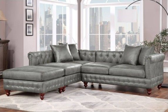 Brand New Grey Leather Retro Style Sectional Sofa