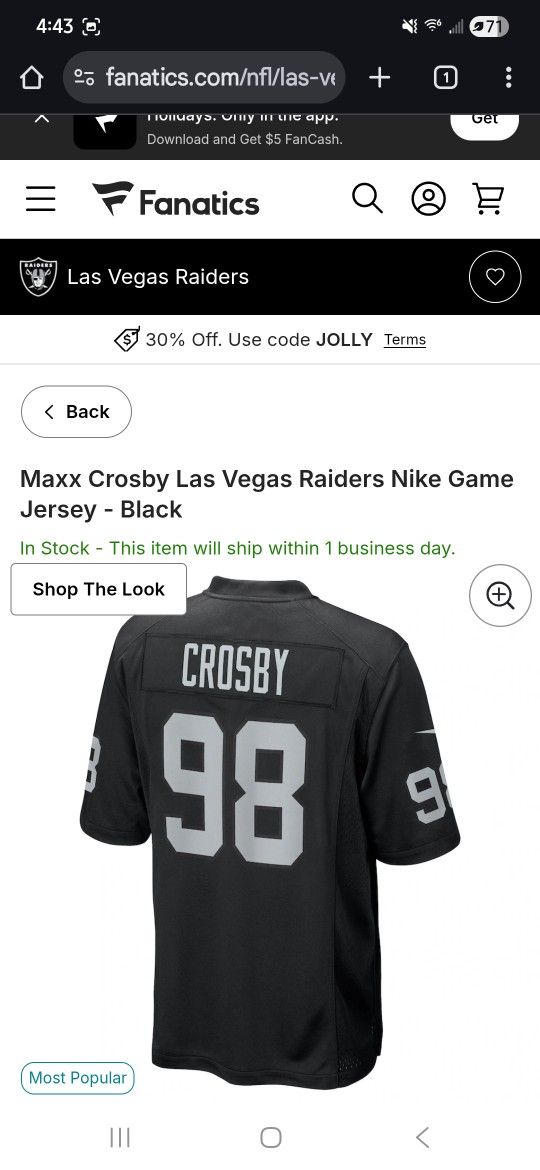 RAIDERS MAX CROSBY JERSEY SIZE LARGE 