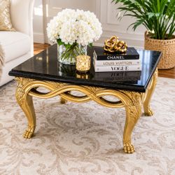 Hollywood Regency Gold & Black Granite Accent Table | Vintage Baroque Side Table