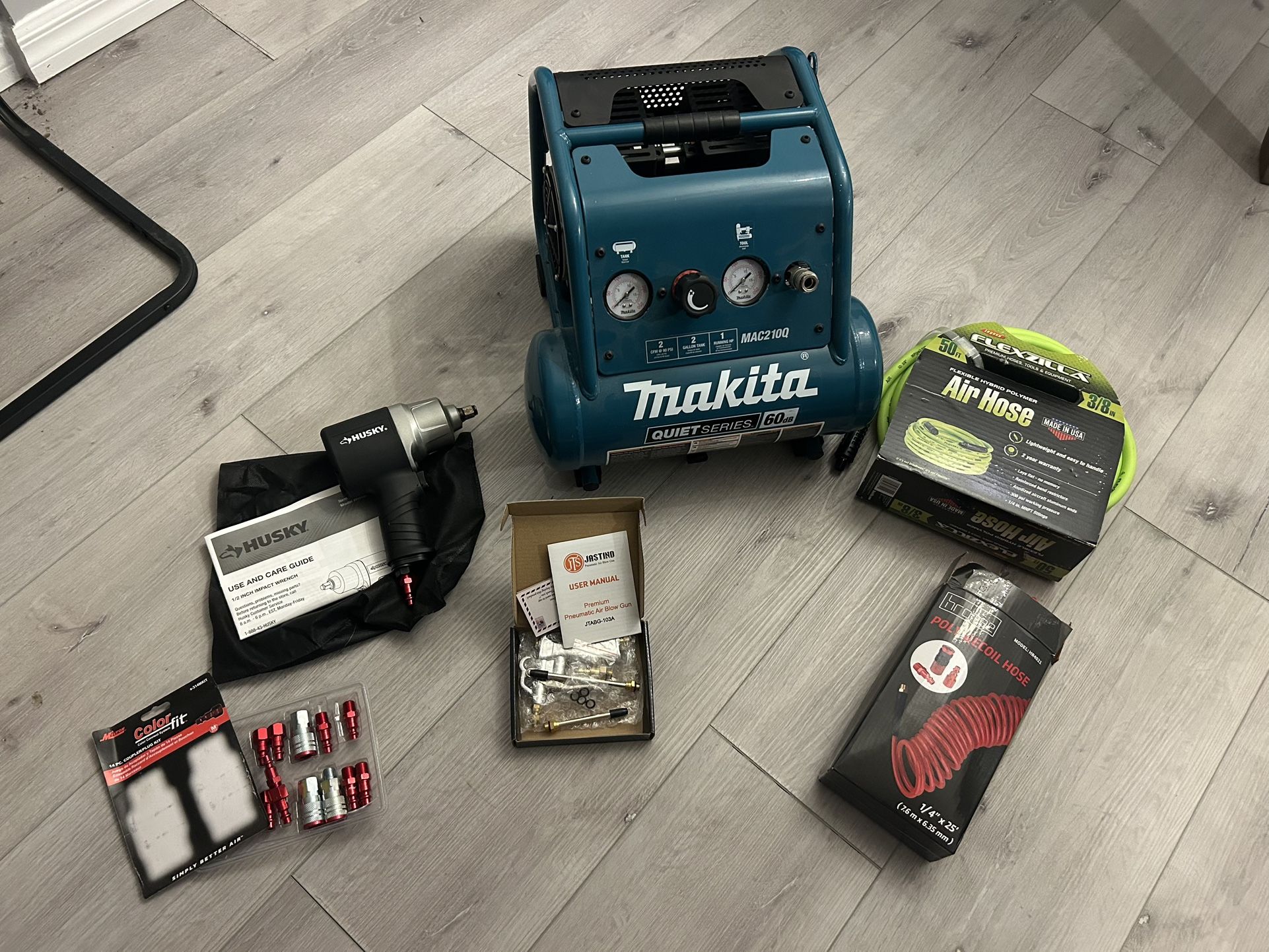 Makita Quiet Air Compressor, Husky 1/2” Impact Driver, Coupler/Plug Set, Air Hoses And More