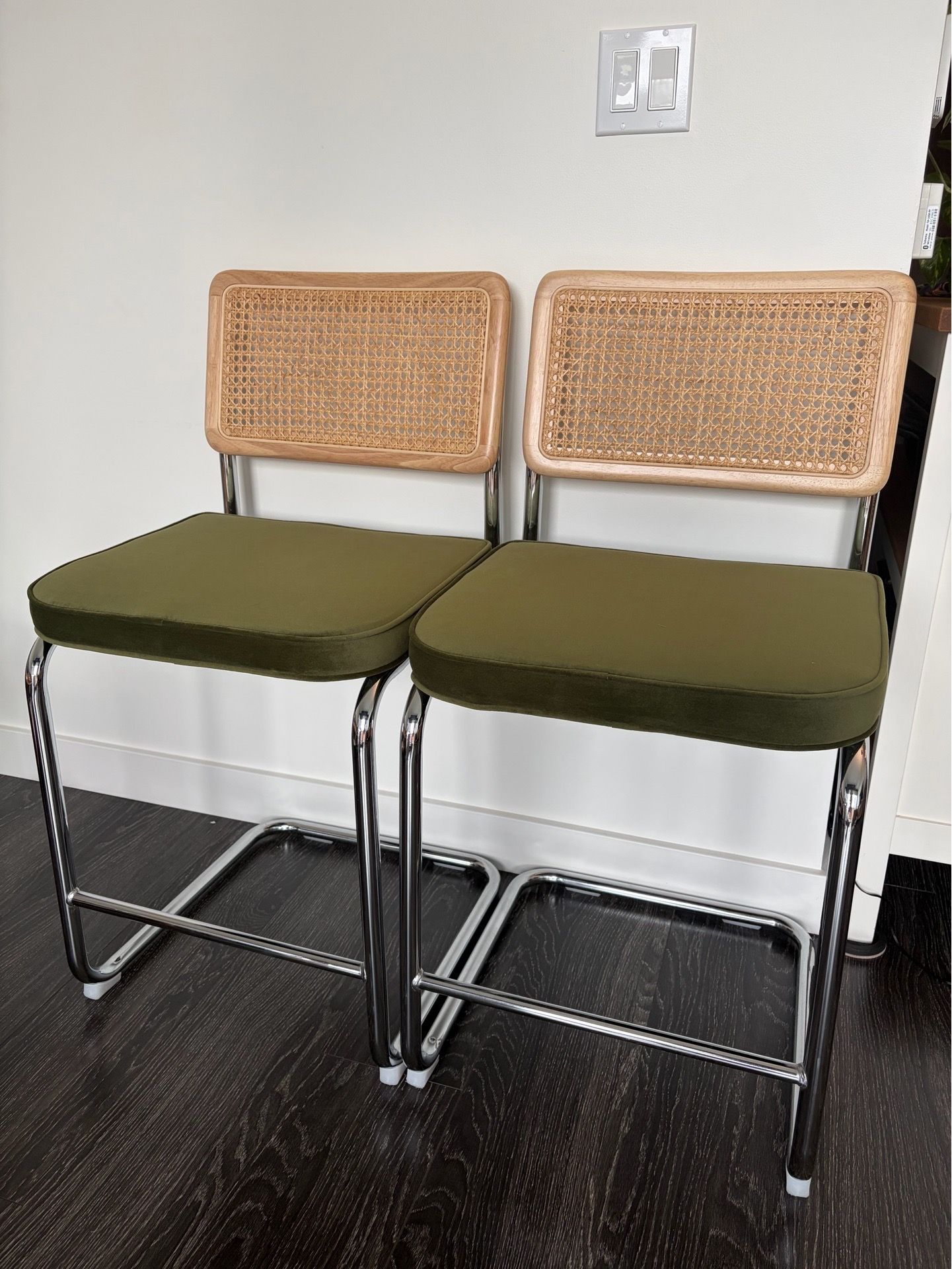 Pair of counter height barstools - mid century modern olive green