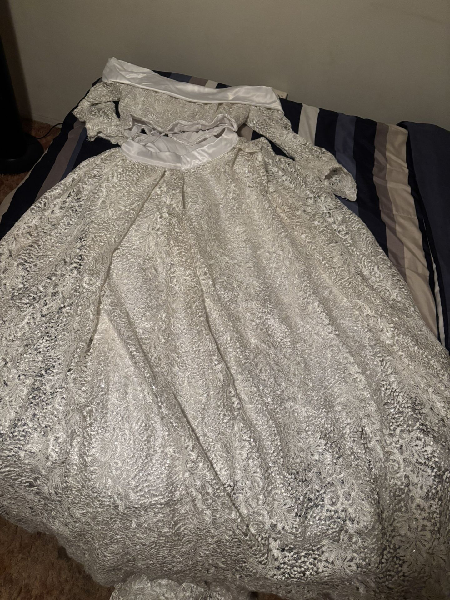 white lace off-the-shoulder long-sleeved two-piece wedding dress or formal gown