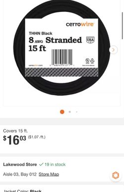 15 ft. 8 Gauge Black Stranded Copper THHN Wire