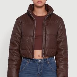 Trendy Cropped Faux Leather Puffer Zipper Jacket Chocolate Brown