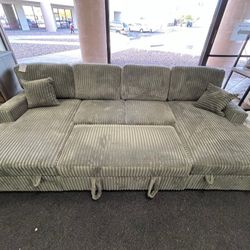 Gray Corduroy Sectional Sleeper Couch With Storage Chaises
