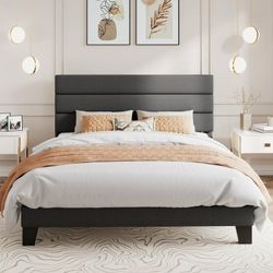 Big Sale Queen / King Bed Frame, Platform Bed Frame with Fabric Upholstered Headboard, Dark Grey