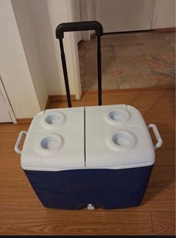 45 Qt. Blue Wheeled Cooler, RUBBERMAID, $35