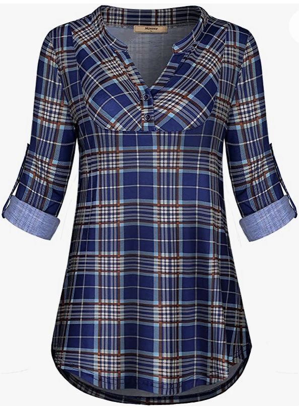 Miusey Womens Buffalo Plaid Roll Sleeve V Neck Flowy Loose Tunic Blouse