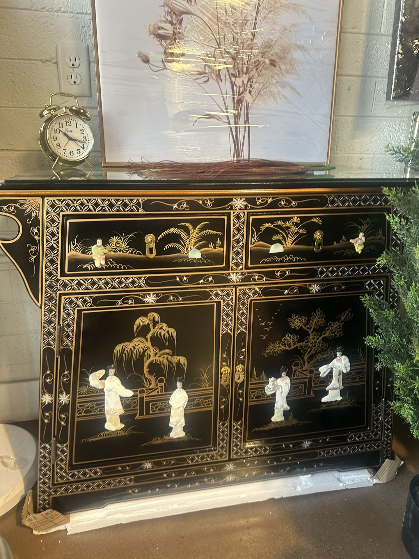 ed Lantern Hand Crafted Artisanal Black Lacquer Altar Cabinet - Royal Ladies