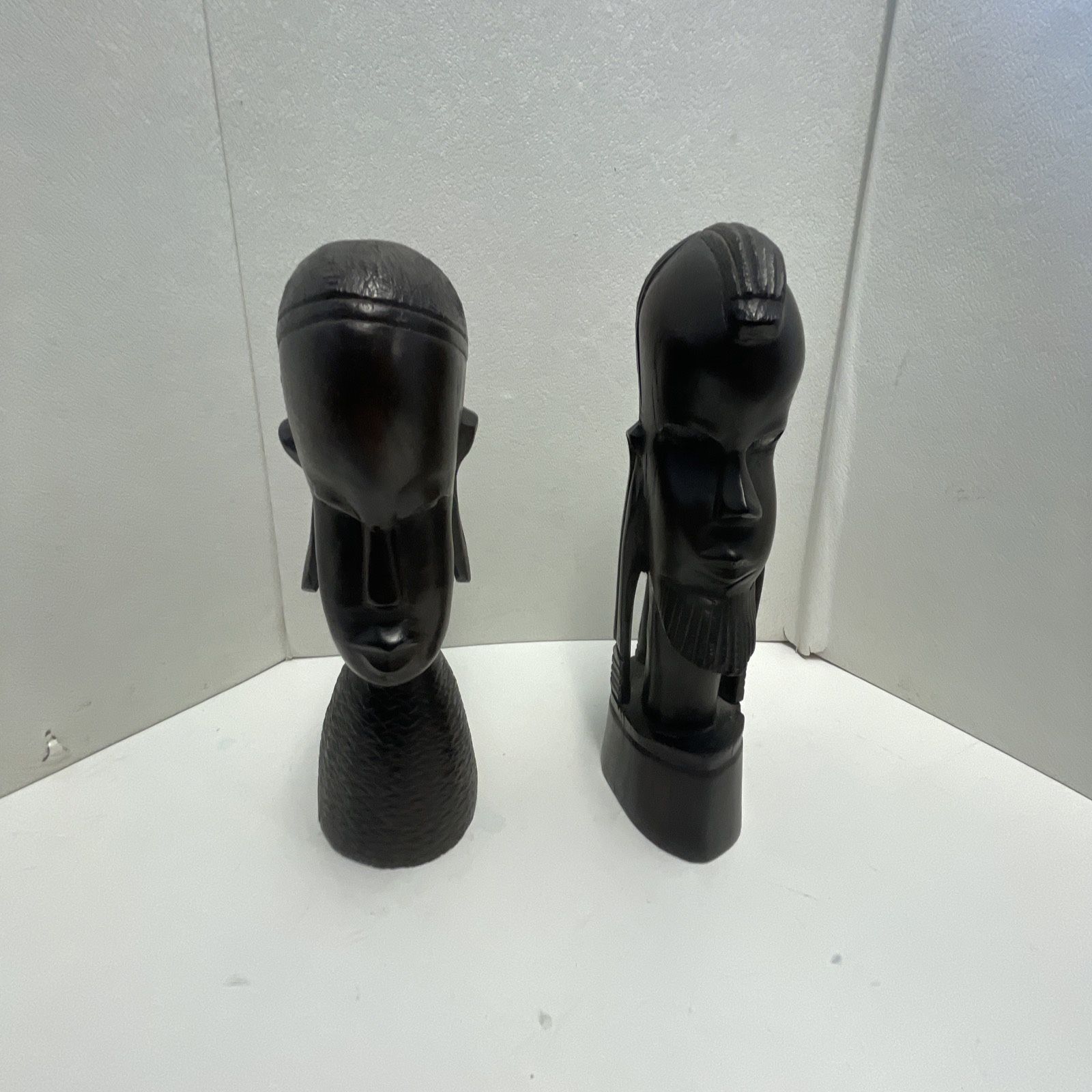Vintage African Wood Carved Head Carving Pair Set Man Woman Ebony Tribal Art