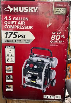 Husky 4.5 Gal. 175 PSI Portable Electric Oil-Free Quiet Twin Stack Jobsite Air Compressor w/Rubber Wheels and 2-Quick Couplers