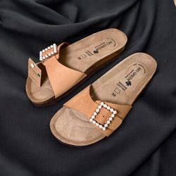 Bio Green Women’s Pearl Buckle Birkenstock Style Leather Sandals Sz 8.5 39