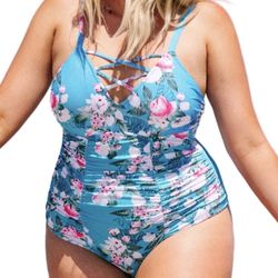 Brand New With Tags  CUPSHE Women Swimsuit Plus Size One Piece Bathing Suit Ruched Tummy Control Front Crisscross V Neck