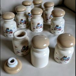 Vintage Stonew of 10 spice jars by International Tableworks HEARTLAND pattern. Original corks. 