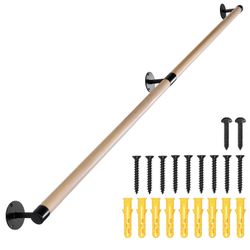 6 FT Wooden Stairs Handrails Wall Mount- Metal Support Wood Staircase Handrails, Interior Stair Railings, Banister Hand Railing, Outdoor Grab Bars Saf