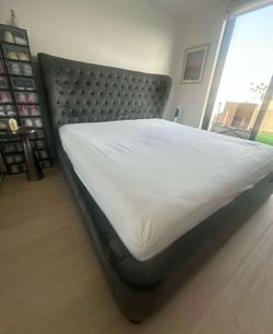 FINLEY GREY VELVET KING BED FRAME ONLY