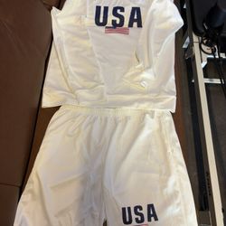 4th of July Outfit American Flag USA Long Sleeve Sweatshirt & Mini Shorts Pajama Sets Casual 2Pc Sweatsuits(L)