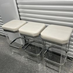 Set of 3 Acrylic & Chrome Bar Stools – White Cushions – 32” Seat Height