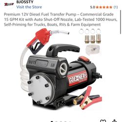 Premium 12V Diesel Fuel Transfer Pump – Commercial Grade 15 GPM Kit with Auto Shut-Off Nozzle, Lab-Tested 1000 Hours, Self-Priming for Trucks, Boats, 