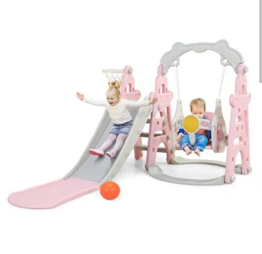 3 in. 1 Kids Slide and Swing Set Toddler Climber Playset Indoor Outdoor Playground, Pink and Grey