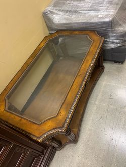 Ornate Wood Coffee Table with Glass Top