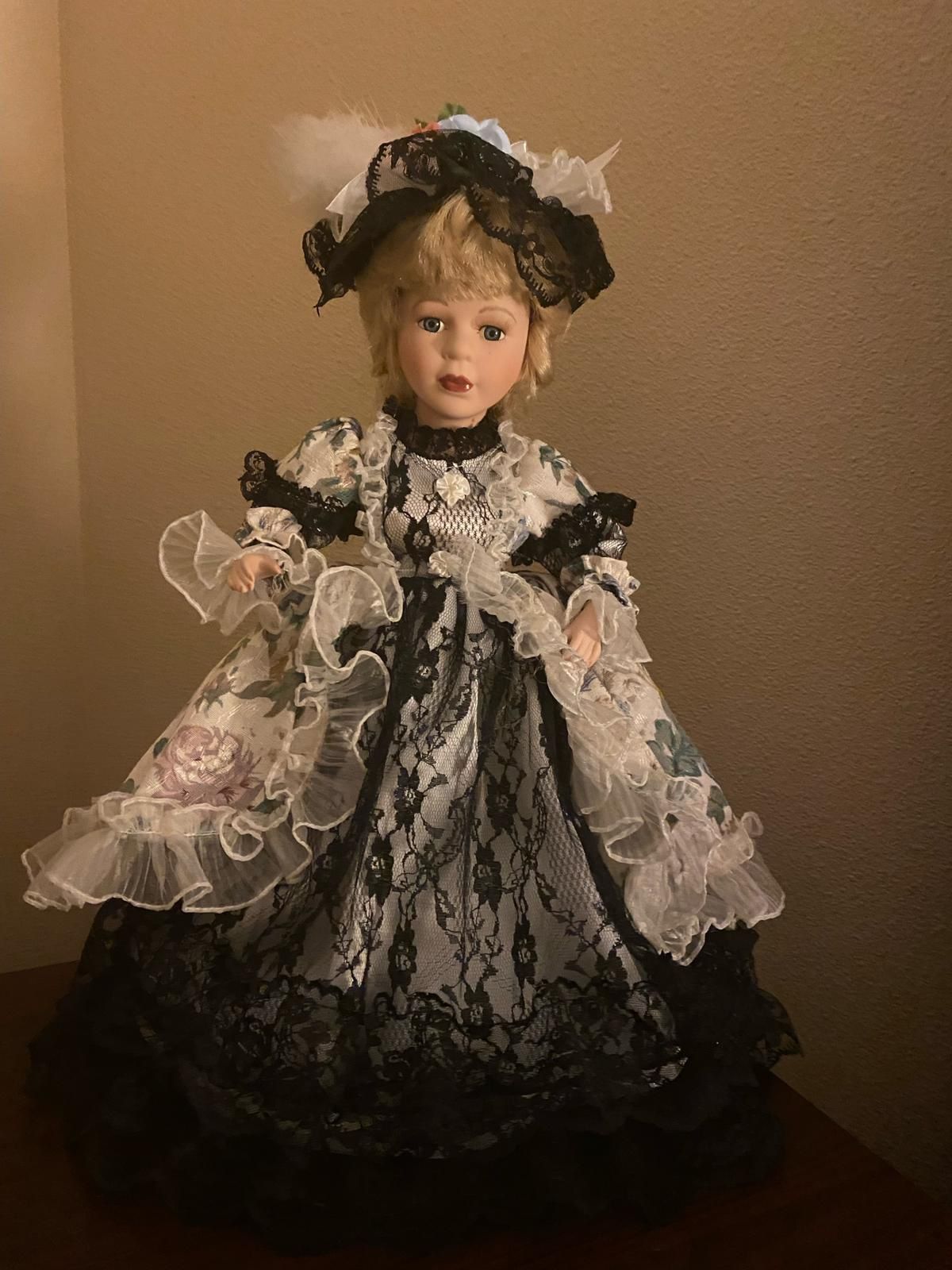Vintage Samantha Collection 16” Porcelain Doll, 1990's, Lavender Rose Black Lace