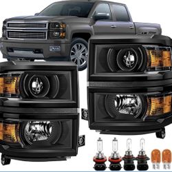 For 2014 2015 Chevy Silverado 1500 Black Halgen Headlights Assembly L+R  W/Bulbs