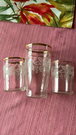 Vintage Bartlett and Collin’s drinking glasses three different sizes etched great pattern