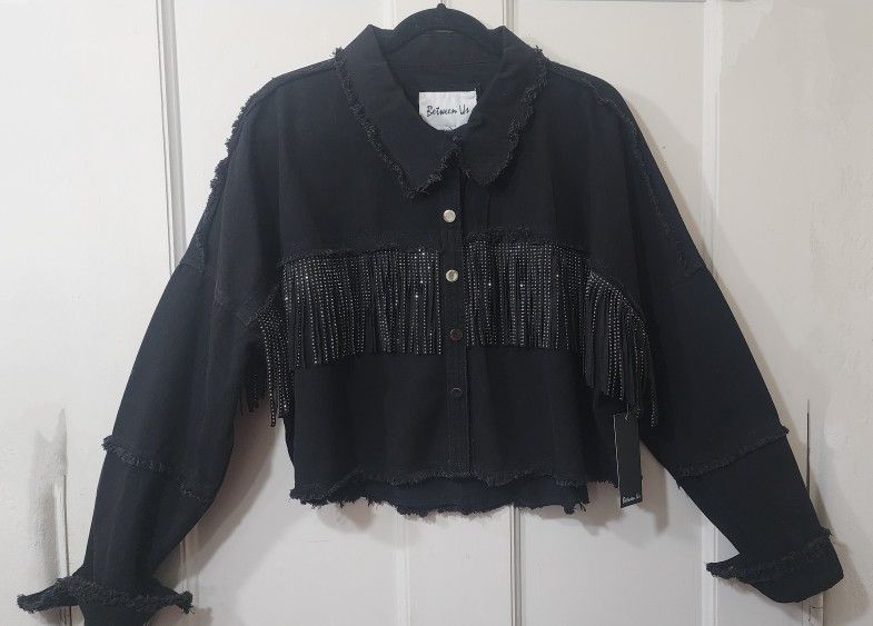 Women's Black Frayed Denim Jean Embellished Jacket - NWT