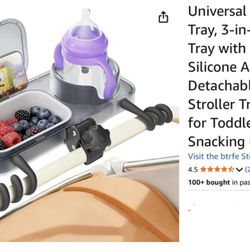 Universal Stroller Snack Tray, 3-in-1 Cup Holder Tray with Clamp & Silicone Arms Grip & Detachable Silicone Tray