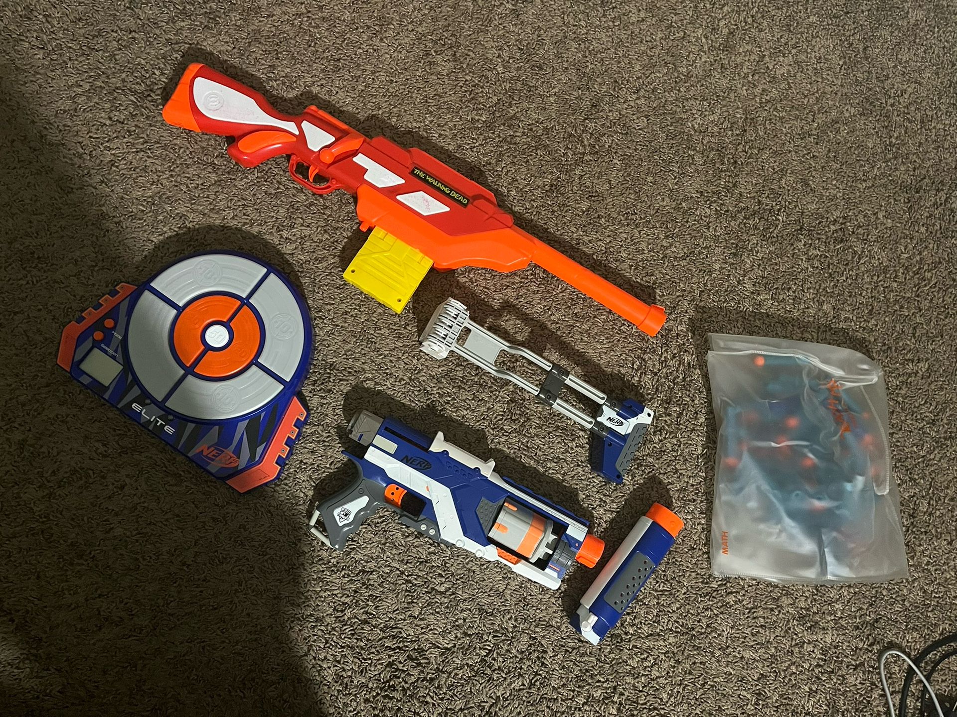 Nerf Guns (2016 Walking Dead Andrea’s Rifle Foam Dart Blaster, Spectre Rev-5 Dart Gun Blue N- Strike Elite Blaster, Elite Digital Target, And 50 Darts