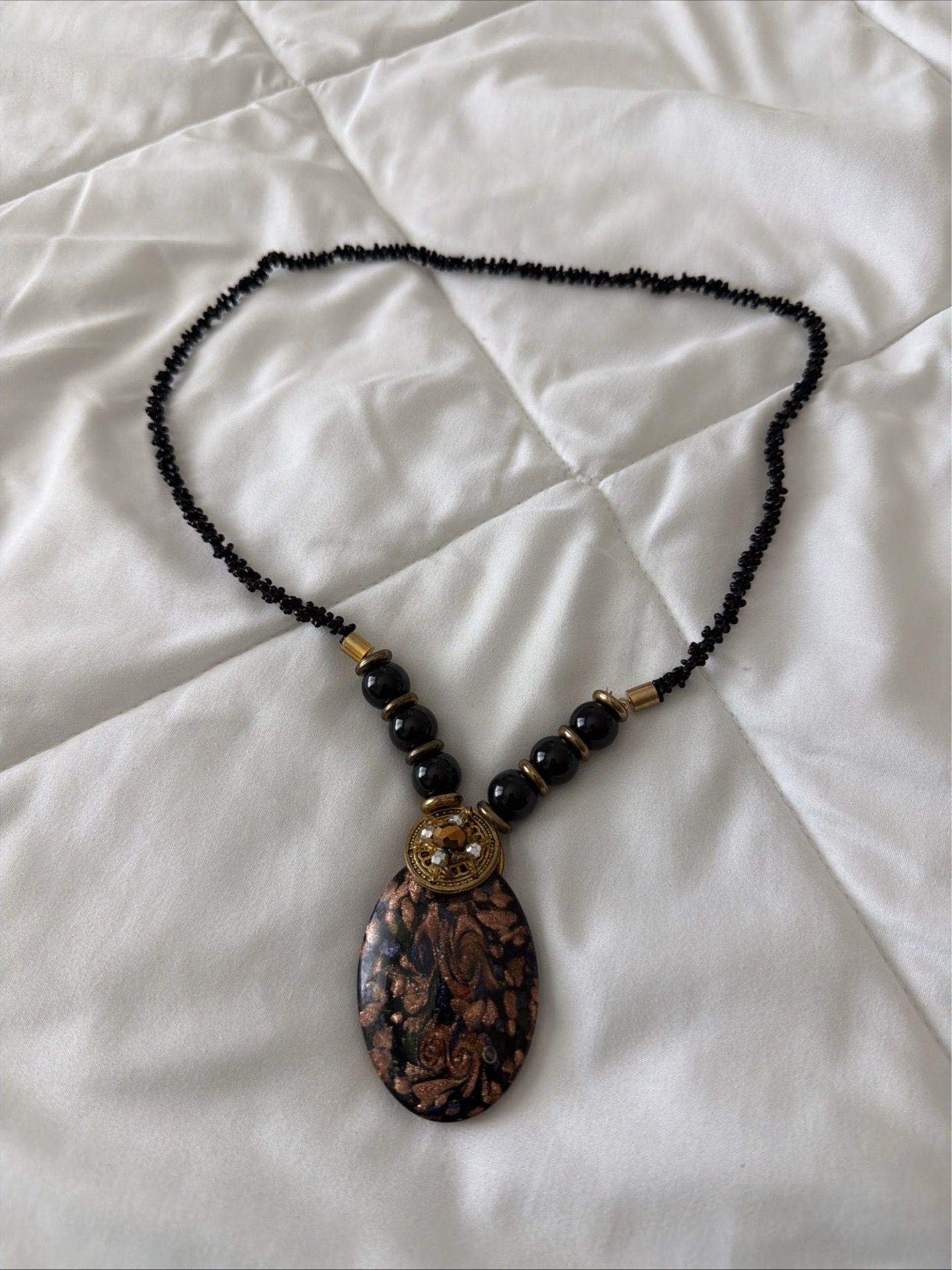 Gold Tone Black And Gold Aceylic Pendant Necklace