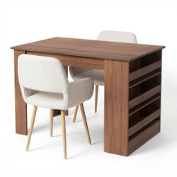 Homy Casa ELROY 3PC Dining Set Brown Table 43.3" with 2PC Mayfair Beige Fabric Dining Chairs