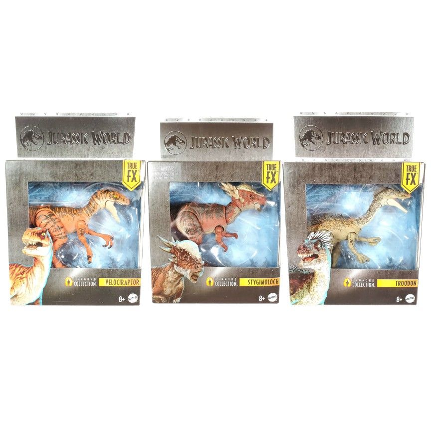 NEW Jurassic World Hammond Collection Velociraptor Troodon Stygimoloch True FX 