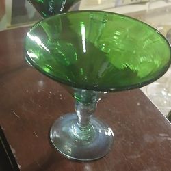 Vintage Handblown Green Glass Cocktail Glass Serving Bowl Clear Pedestal Base x2
