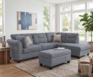 100"W Gray Fabric Sectional Sofa with Right Facing Chaise, Storage Ottoman, and 2 Accent Pillows