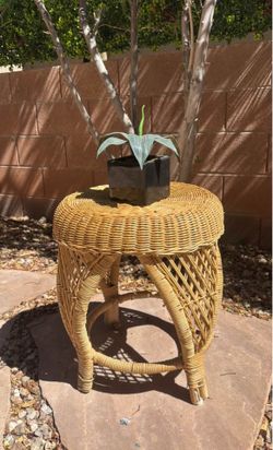 Vintage Boho Wicker/Rattan Plant Stand with Faux Plant Included