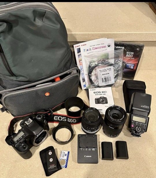 Canon 80 D camera DSLR kit  with lenses , 2 batteries, remote  & Manfrotto backpack.