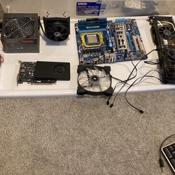 Computer parts, PSU, Graphics Cards, Mother Board, CPU, Fans, RAM, And Cpu Cooler