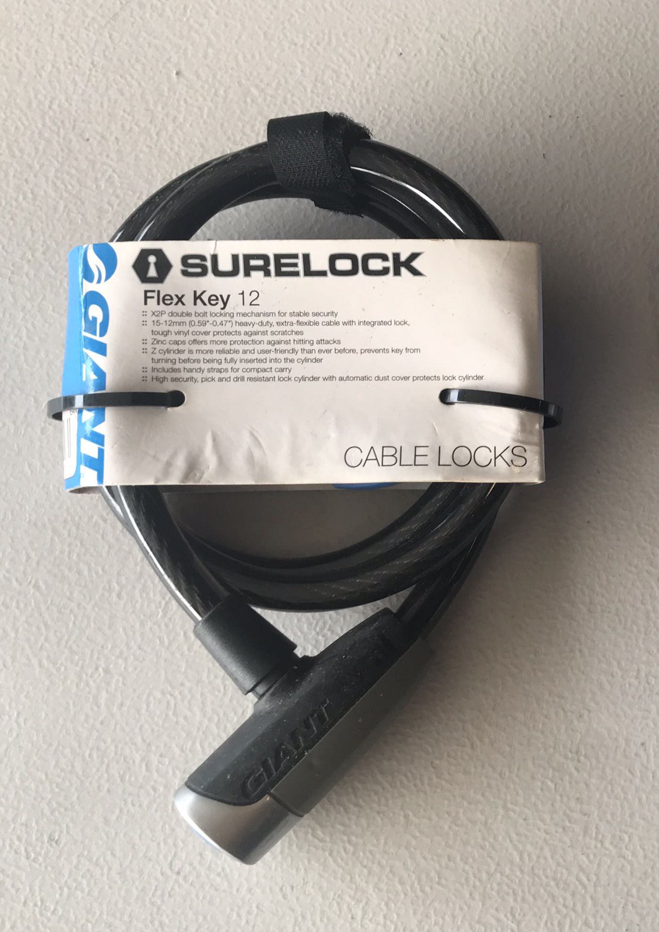 New - Giant Surelock Flex Key Coil 12 Cable Lock Black/Silver Bike Lock