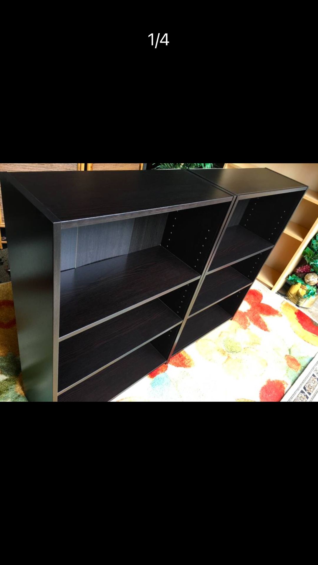 2 Matching Dark Shelves/ Bookshelves, Like New - 36H x 25W x 10D (the shelves inside are adjustable) 